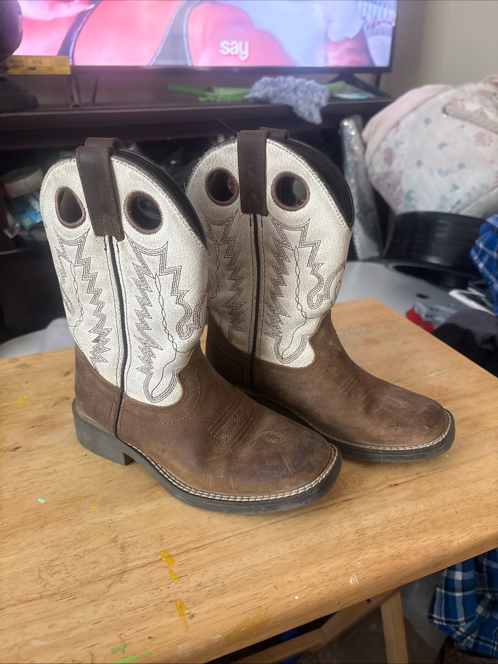 Cody James 43108 Youth sz 13D Brown Wht Leather Square Toe Western Cowboy Boot